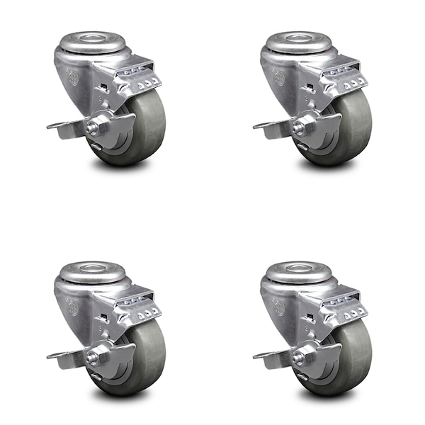 3 Inch Gray Polyurethane Wheel Swivel Bolt Hole Caster Set with Brake SCC